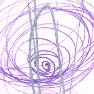 A purple spiral that grows larger from the center, intersected by a silver elipse