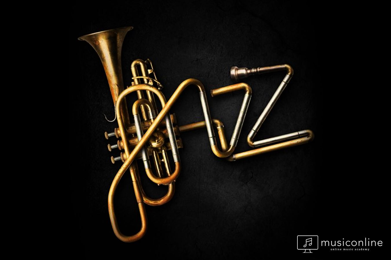 The word "Jazz" is spelled out with an intricute horn instument such as a trumpet