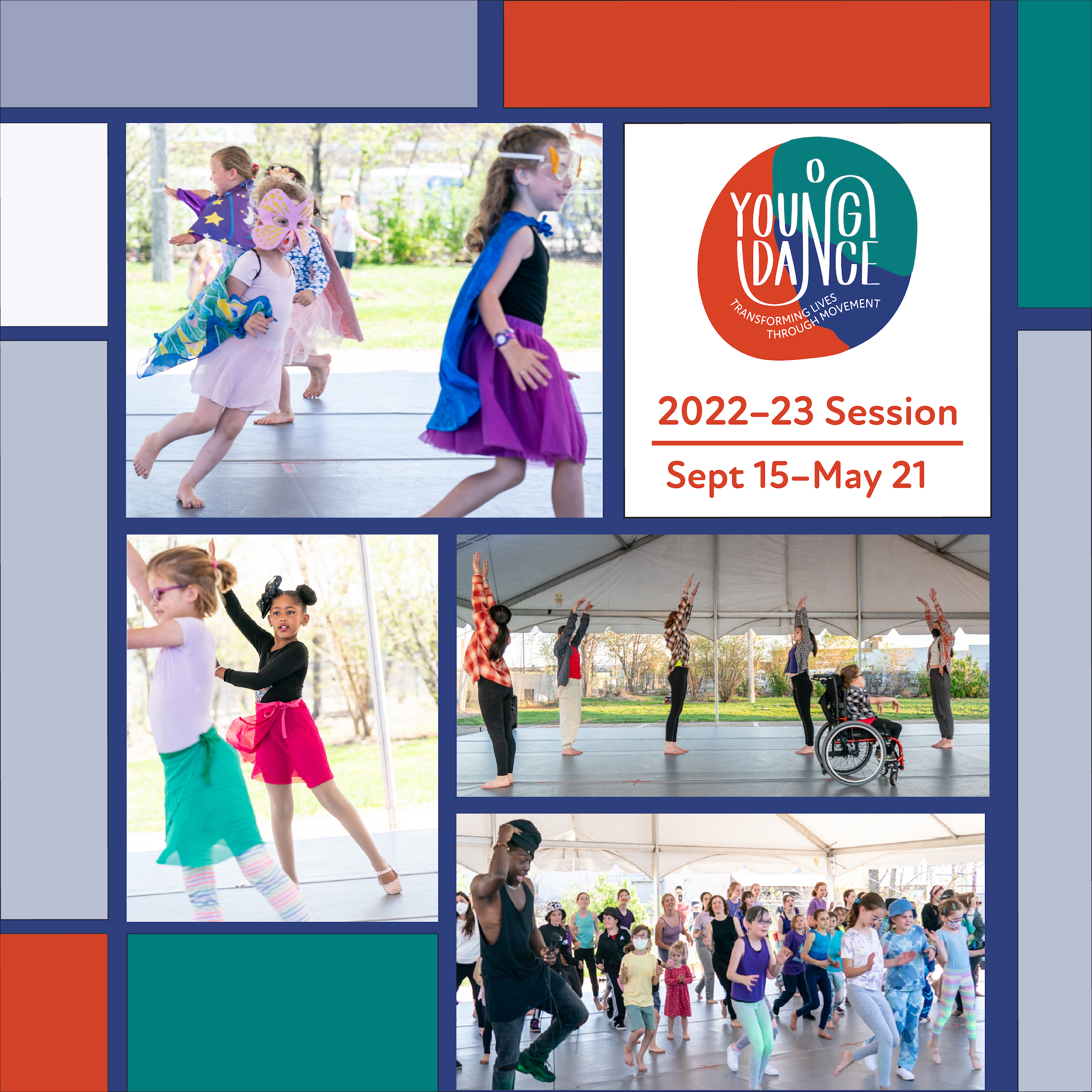 Four class images of young dancers paired with the Young Dance logo