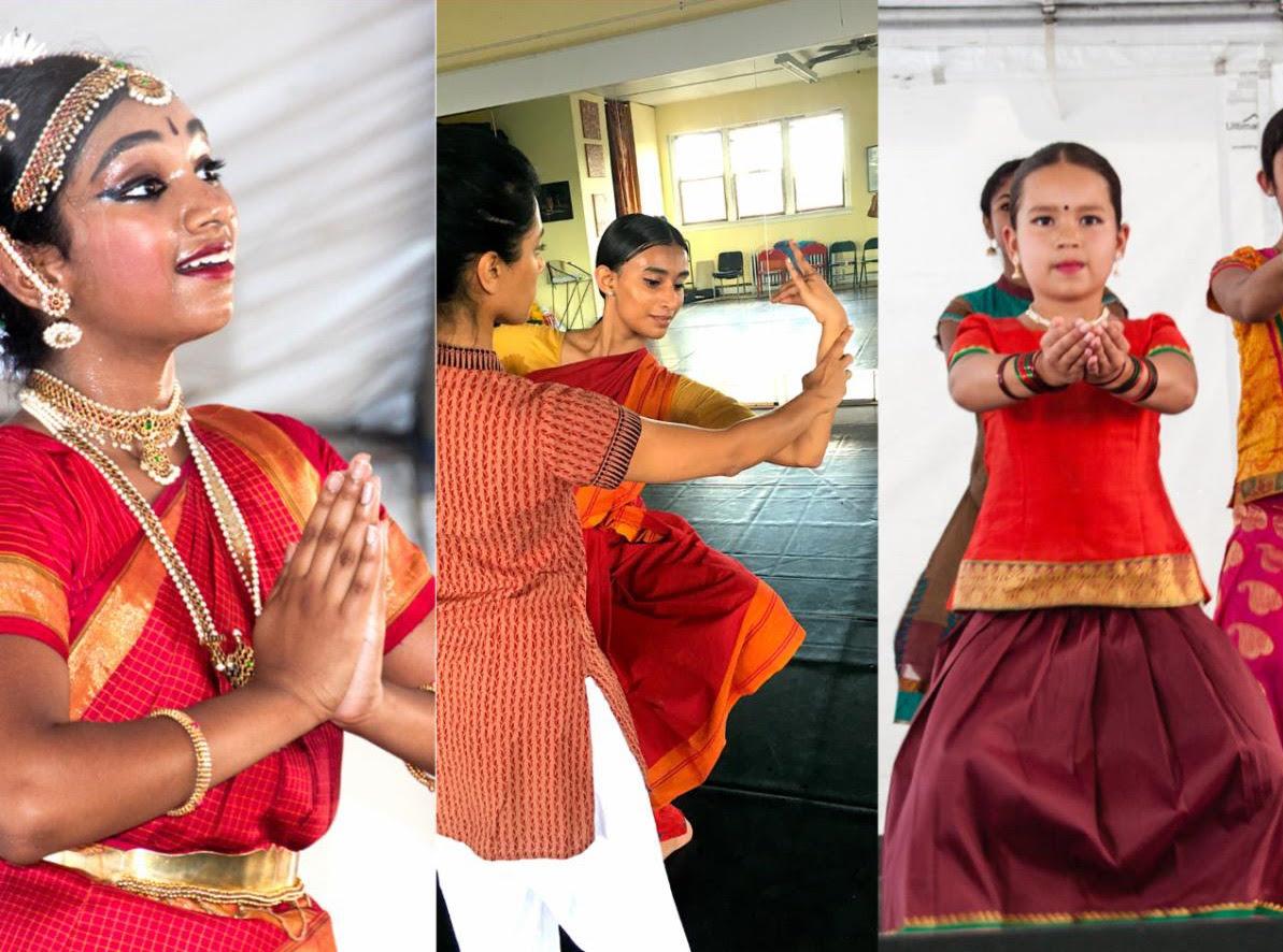 three images of students and professional bharatanatyam dancers