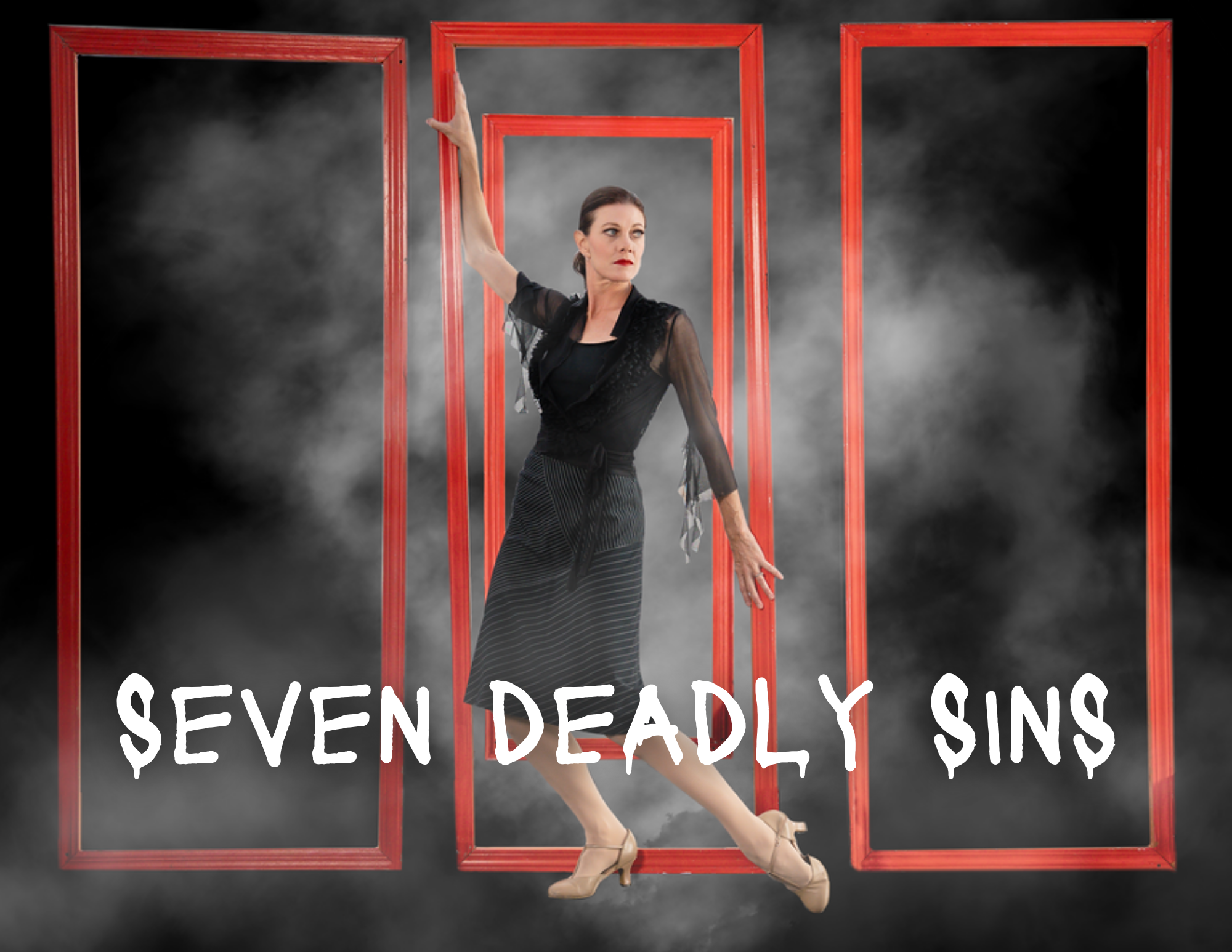 A light-skinned dancer walks through a red door frame, smoke hovers around her