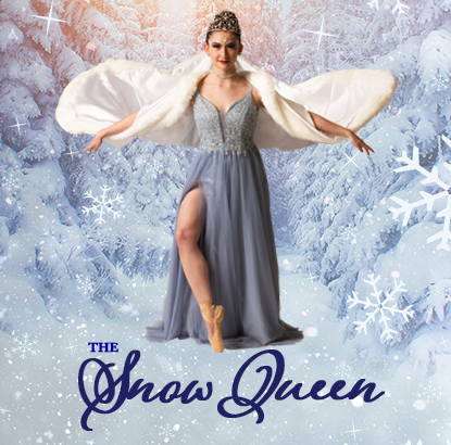 Show image of a light skinned dancer in a shimmering blue dress and pointe shoes