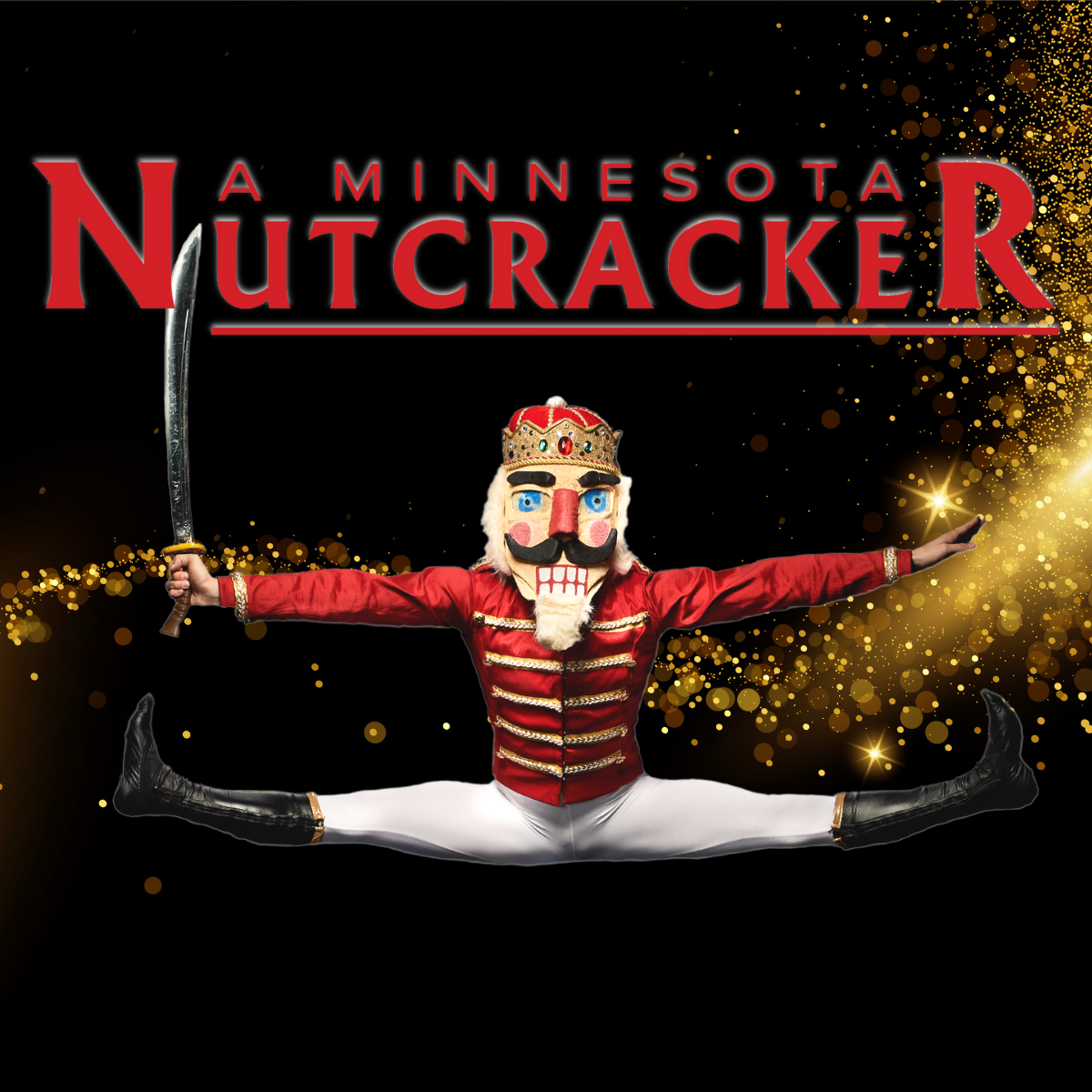 A Nutcracker soldier does a split jump on a black background, with a burst of gold sparkles behind him