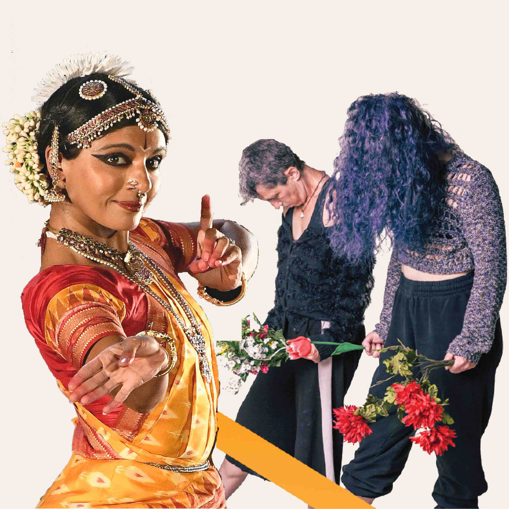 Superimposed images of Aparna Ramaswamy in traditional Bharatanatyam dress, and the duo HIJACK, in black and grey casual clothes, looking downward