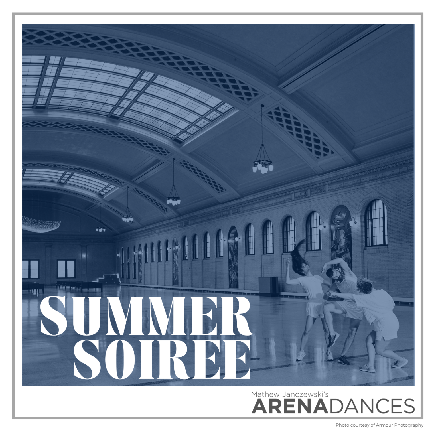 three dancers stand near each other in the vast hall of the St. Paul Union Depot
