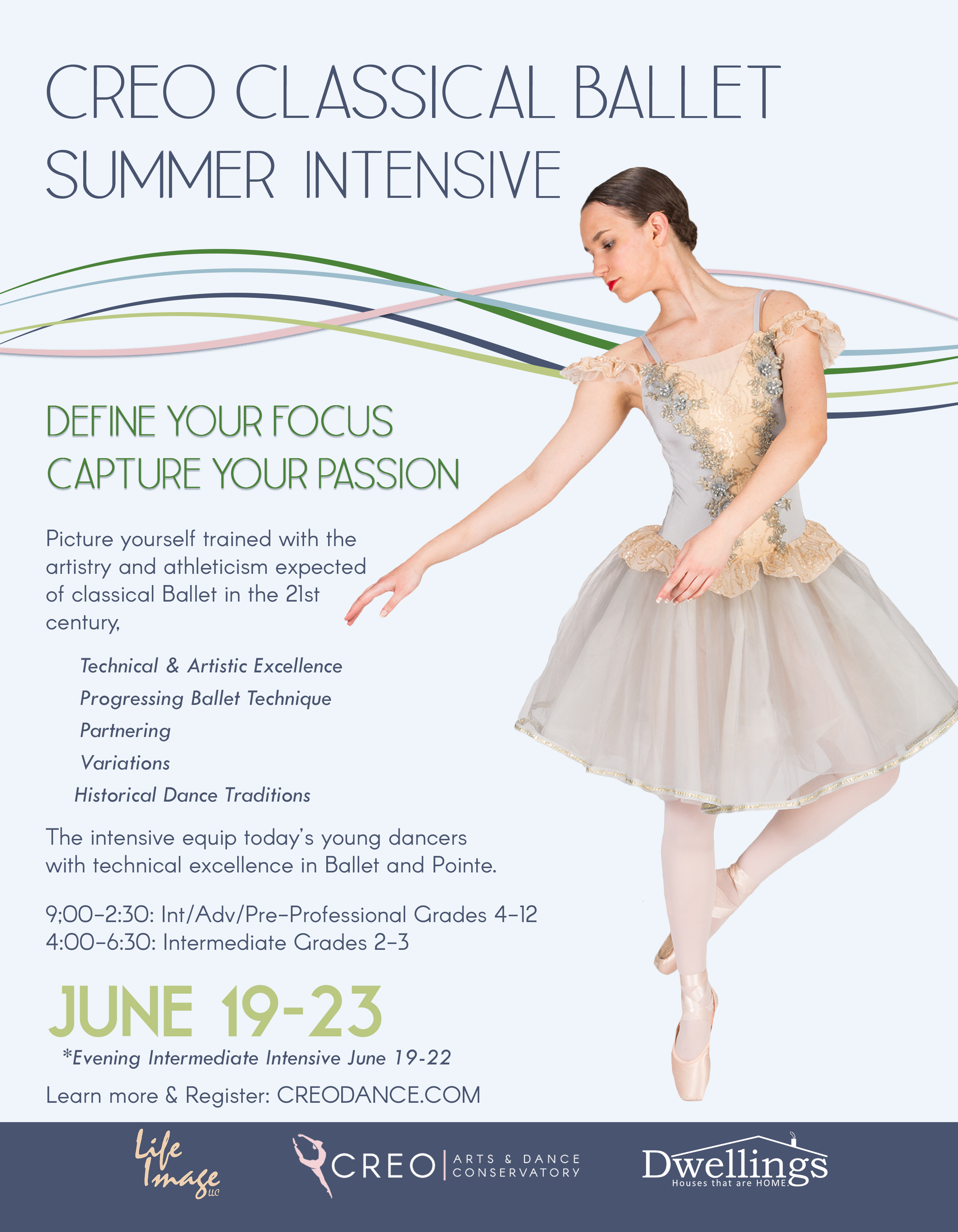 Poster featuring an image of a light-skinned ballet dancer in knee-length tutu dancing en pointe